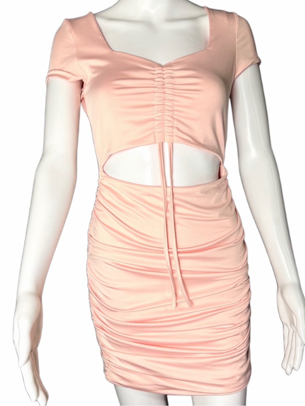 Ashlyn Pink Ruched Cutout Mini Dress Women’s Medium Bodycon Short Sleeve Y2K